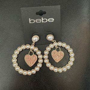 bebe Gold Pearl & Pink Crystal Heart Earrings Hoops